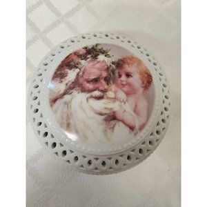 Christmas Bowl Old World Santa Child Pierced Ceramic Lid Handpaint Judy Bailey